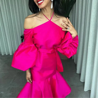 Vibrant Trumpet Off-Shoulder Puff-Sleeve Satin Fuchsia Midi Evening Dress for Women