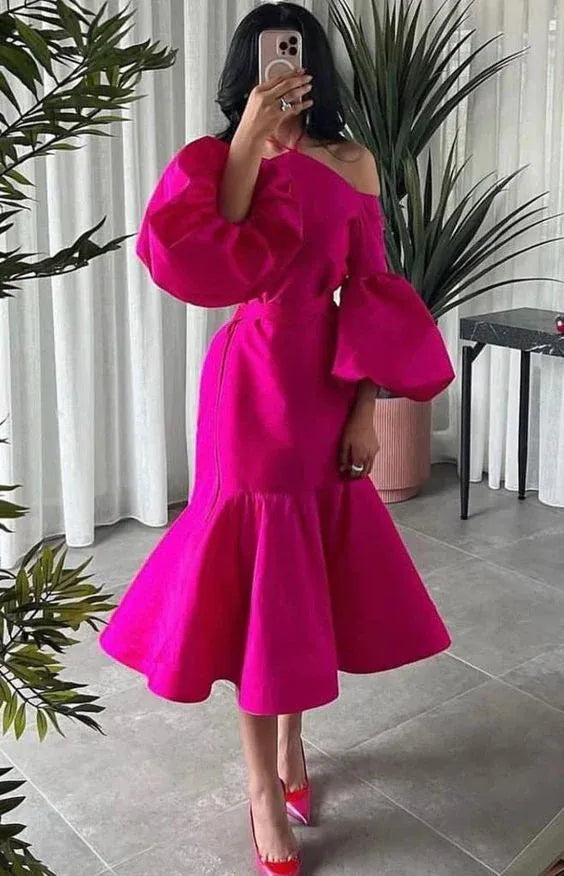 Vibrant Trumpet Off-Shoulder Puff-Sleeve Satin Fuchsia Midi Evening Dress for Women