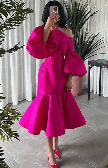 Vibrant Trumpet Off-Shoulder Puff-Sleeve Satin Fuchsia Midi Evening Dress for Women