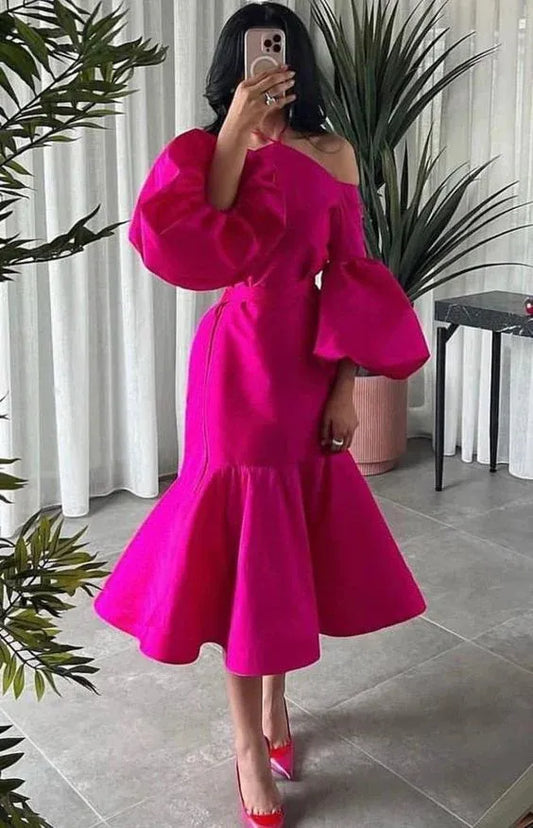 Vibrant Trumpet Off-Shoulder Puff-Sleeve Satin Fuchsia Midi Evening Dress for Women