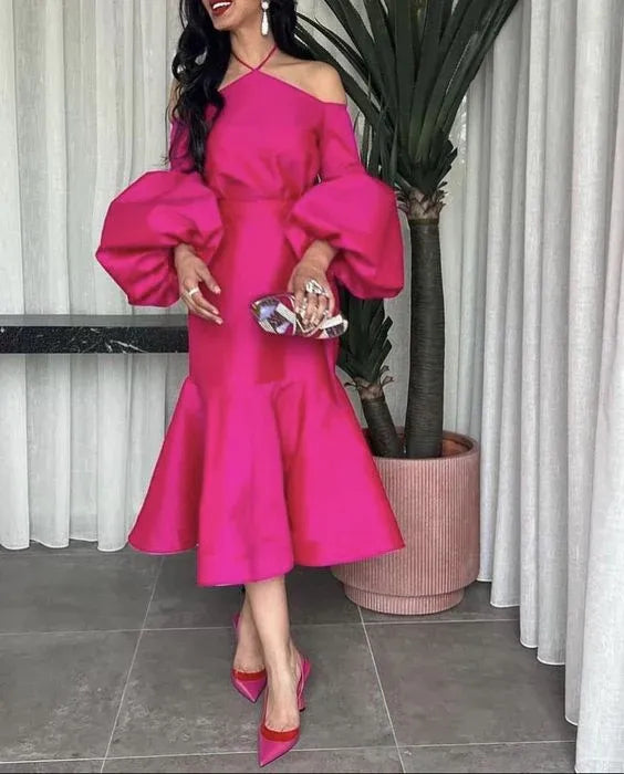 Vibrant Trumpet Off-Shoulder Puff-Sleeve Satin Fuchsia Midi Evening Dress for Women