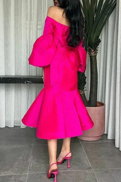 Vibrant Trumpet Off-Shoulder Puff-Sleeve Satin Fuchsia Midi Evening Dress for Women