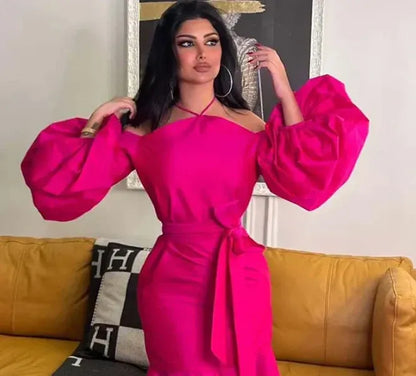Vibrant Trumpet Off-Shoulder Puff-Sleeve Satin Fuchsia Midi Evening Dress for Women