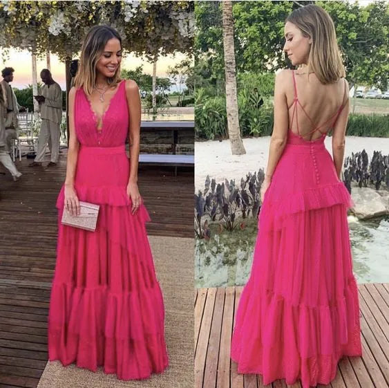 Vibrant Tulle Floor-Length Evening Dress Fuchsia Deep V-Spaghetti-Strap Formal Women