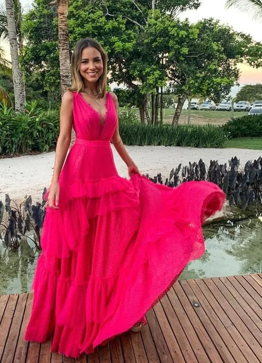 Vibrant Tulle Floor-Length Evening Dress Fuchsia Deep V-Spaghetti-Strap Formal Women