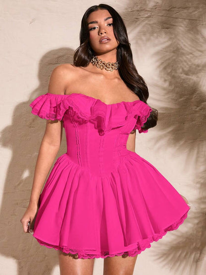 Vibrant A-Line Off-Shoulder Ruffled Lace Trim Hot Pink Mini Homecoming Dresses
