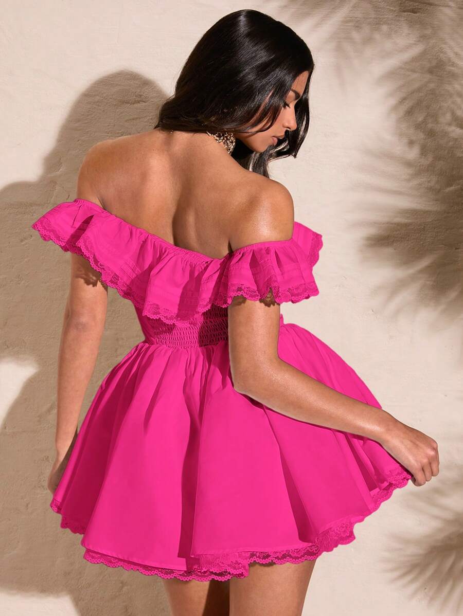 Vibrant A-Line Off-Shoulder Ruffled Lace Trim Hot Pink Mini Homecoming Dresses