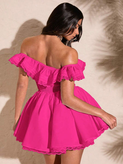 Vibrant A-Line Off-Shoulder Ruffled Lace Trim Hot Pink Mini Homecoming Dresses