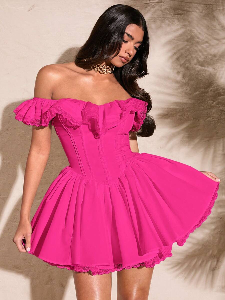 Vibrant A-Line Off-Shoulder Ruffled Lace Trim Hot Pink Mini Homecoming Dresses