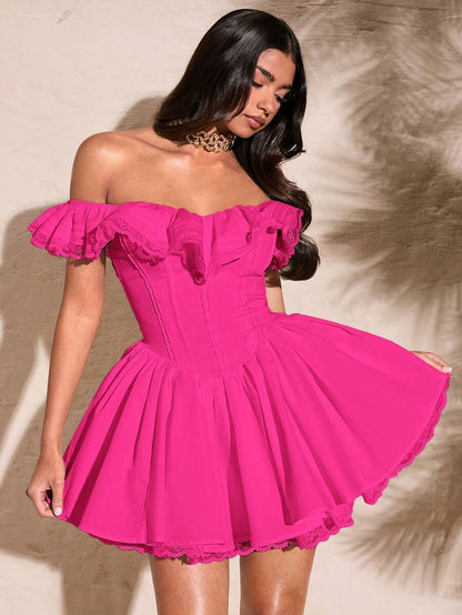 Vibrant A-Line Off-Shoulder Ruffled Lace Trim Hot Pink Mini Homecoming Dresses
