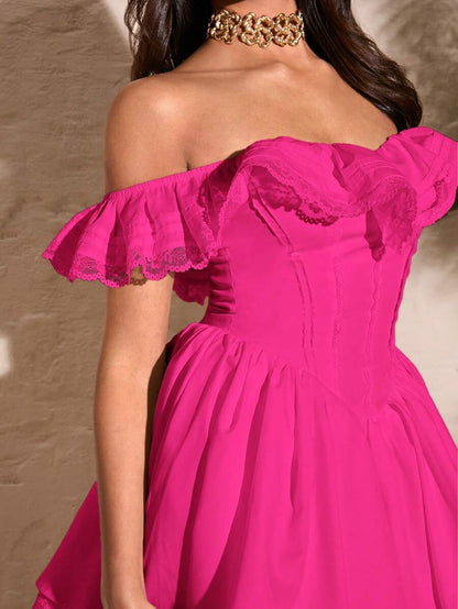 Vibrant A-Line Off-Shoulder Ruffled Lace Trim Hot Pink Mini Homecoming Dresses