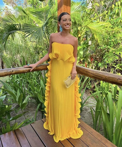 Vibrant A-Line Strapless Sleeveless Ruffled Pleated Yellow Floor-Length Women's Evening Gown