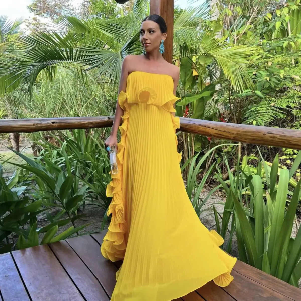 Vibrant A-Line Strapless Sleeveless Ruffled Pleated Yellow Floor-Length Women's Evening Gown