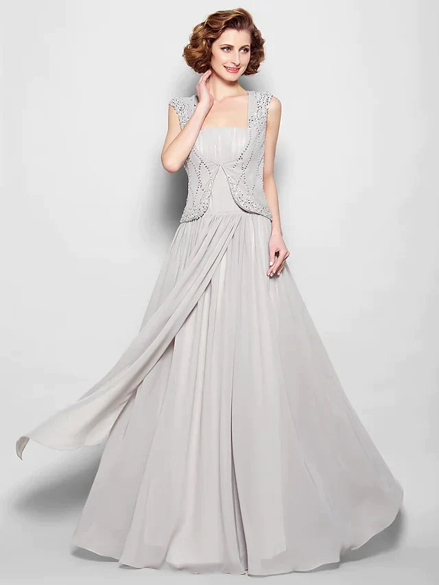 Vintage-inspired A-line mother of the bride gown with square neck and beading.