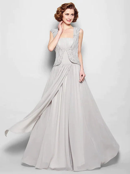 Vintage-inspired A-line mother of the bride gown with square neck and beading.