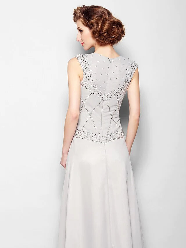 Side view of the A-line chiffon gown showing draping details.