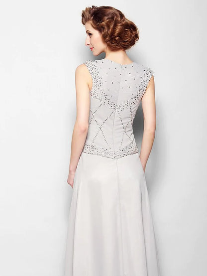 Side view of the A-line chiffon gown showing draping details.