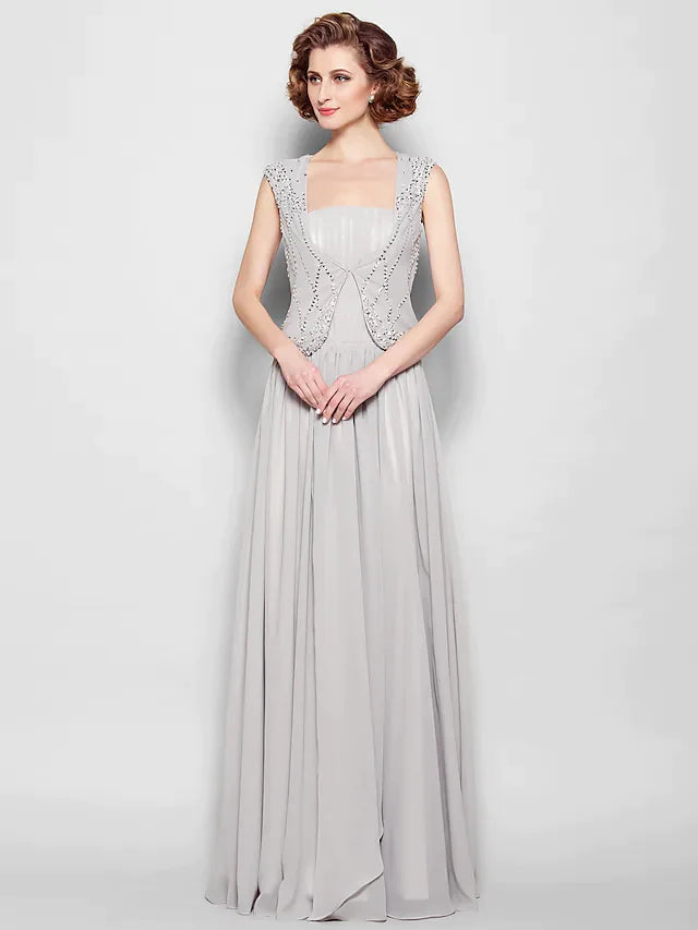 Back view of the floor-length mother of the bride dress.