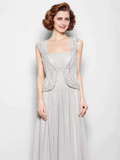 Elegant A-line gown for mother of the bride in a formal setting.