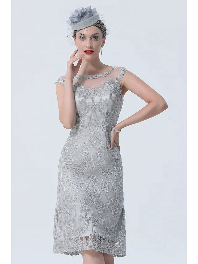 Back view of the elegant tea-length mother of the bride dress.