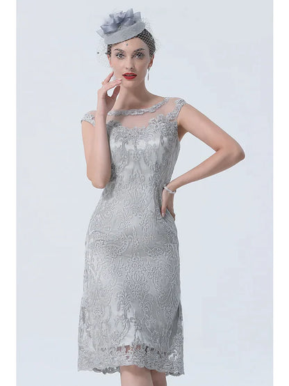 Back view of the elegant tea-length mother of the bride dress.