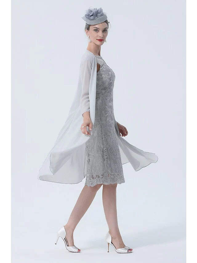 Full view of the plus size two-piece dress, highlighting the tea length.