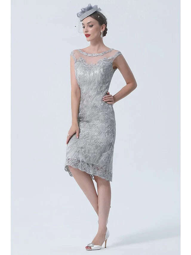 Detail of the jewel neckline and chiffon fabric on the dress.