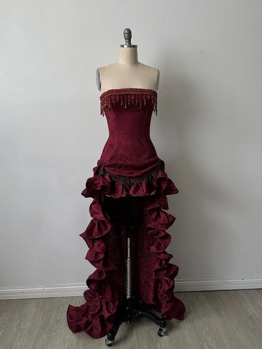 Vintage Strapless Corset Lace-Up Back Ruffle High Low Jacquard Maxi Dress