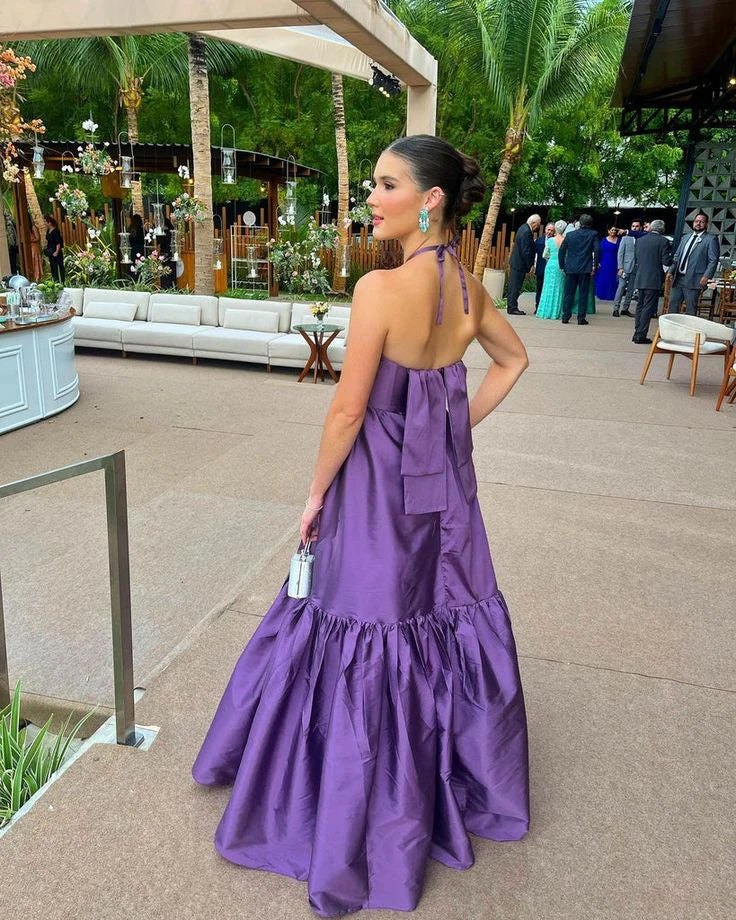 Vintage A-Line Halter Neck Sleeveless Backless Floor-Length Prom Dress
