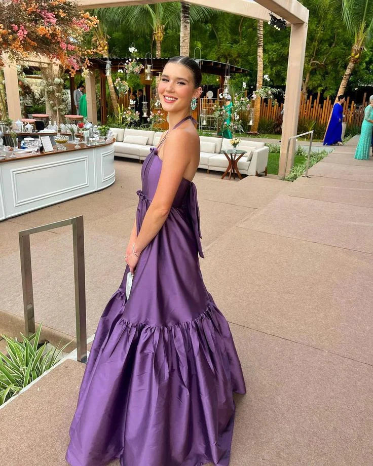 Vintage A-Line Halter Neck Sleeveless Backless Floor-Length Prom Dress