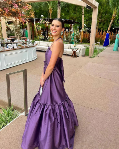 Vintage A-Line Halter Neck Sleeveless Backless Floor-Length Prom Dress
