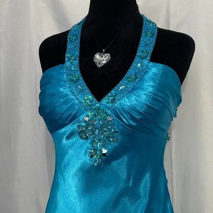 Vintage A-Line Halter Neck Sleeveless Pleated Satin Floor-Length Prom Dress