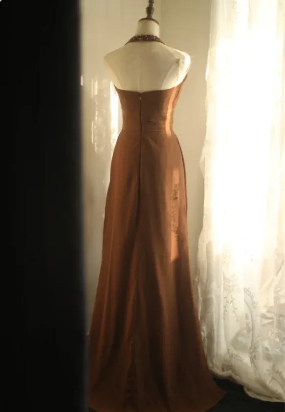 Vintage A-Line Halter Sleeveless Ruffled Chocolate Maxi Prom Dress for Women Ready to Ship