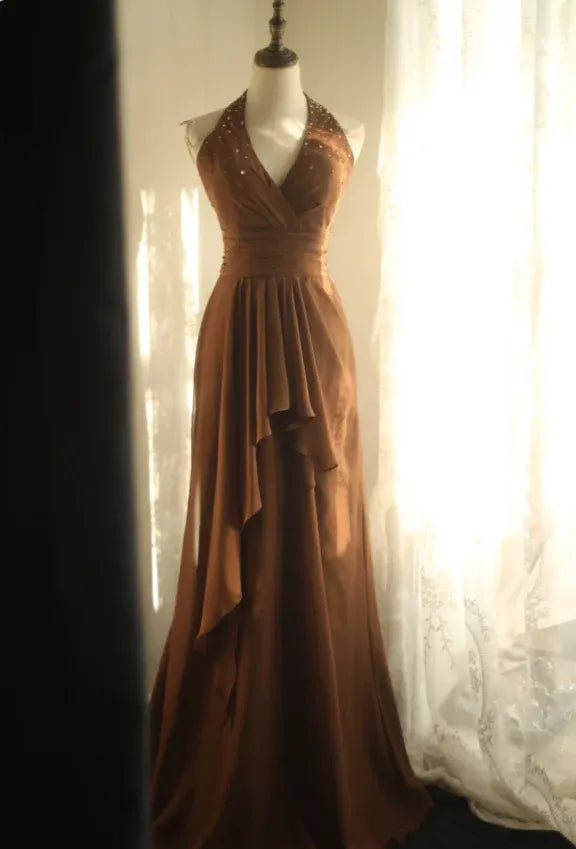 Vintage A-Line Halter Sleeveless Ruffled Chocolate Maxi Prom Dress for Women Ready to Ship