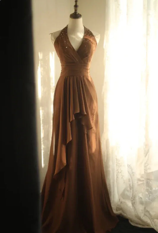 Vintage A-Line Halter Sleeveless Ruffled Chocolate Maxi Prom Dress for Women Ready to Ship