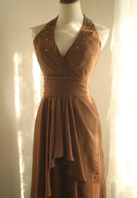 Vintage A-Line Halter Sleeveless Ruffled Chocolate Maxi Prom Dress for Women Ready to Ship