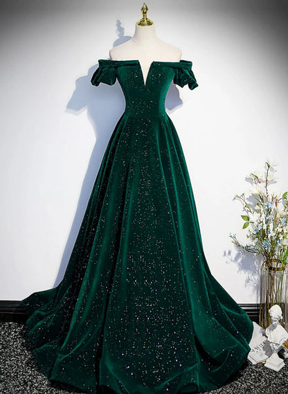 Vintage A-Line Off Shoulder Flutter Sleeve Lace Up Sweep/Brush Train Prom Dress