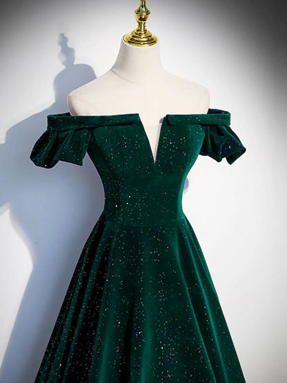 Vintage A-Line Off Shoulder Flutter Sleeve Lace Up Sweep/Brush Train Prom Dress