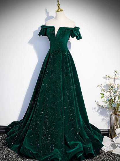 Vintage A-Line Off Shoulder Flutter Sleeve Lace Up Sweep/Brush Train Prom Dress