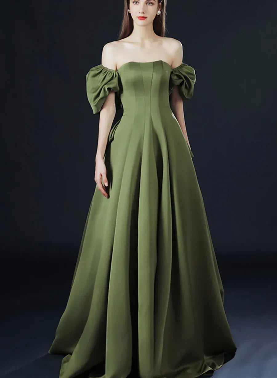 Vintage A-Line Off the Shoulder Puff Sleeve Pleated Satin Floor-Length Evening Dress