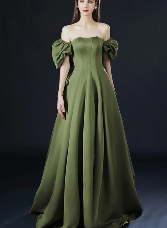 Vintage A-Line Off the Shoulder Puff Sleeve Pleated Satin Floor-Length Evening Dress