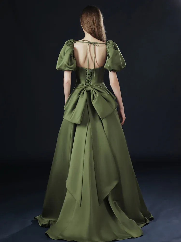 Vintage A-Line Off the Shoulder Puff Sleeve Pleated Satin Floor-Length Evening Dress