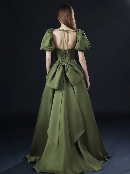 Vintage A-Line Off the Shoulder Puff Sleeve Pleated Satin Floor-Length Evening Dress