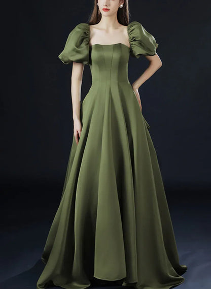 Vintage A-Line Off the Shoulder Puff Sleeve Pleated Satin Floor-Length Evening Dress