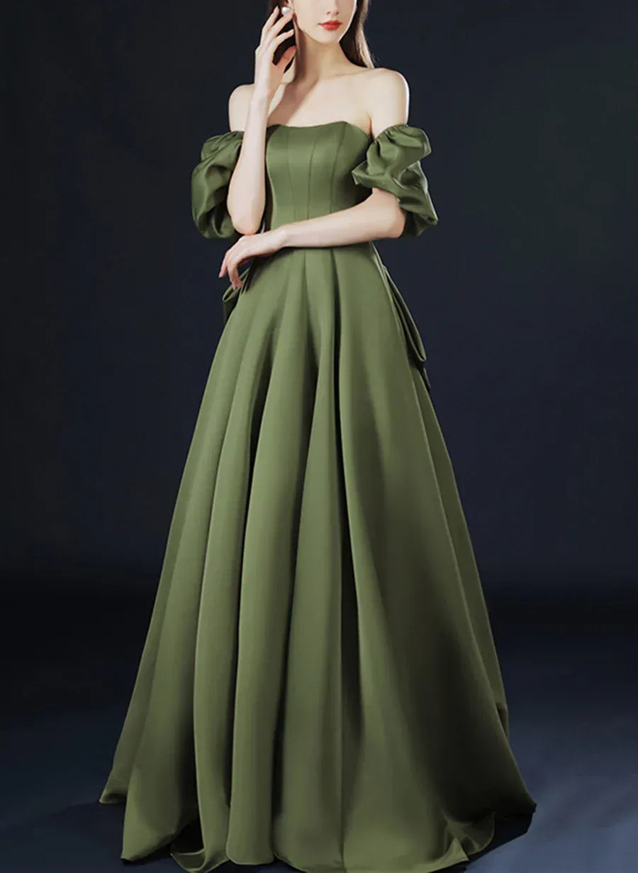 Vintage A-Line Off the Shoulder Puff Sleeve Pleated Satin Floor-Length Evening Dress
