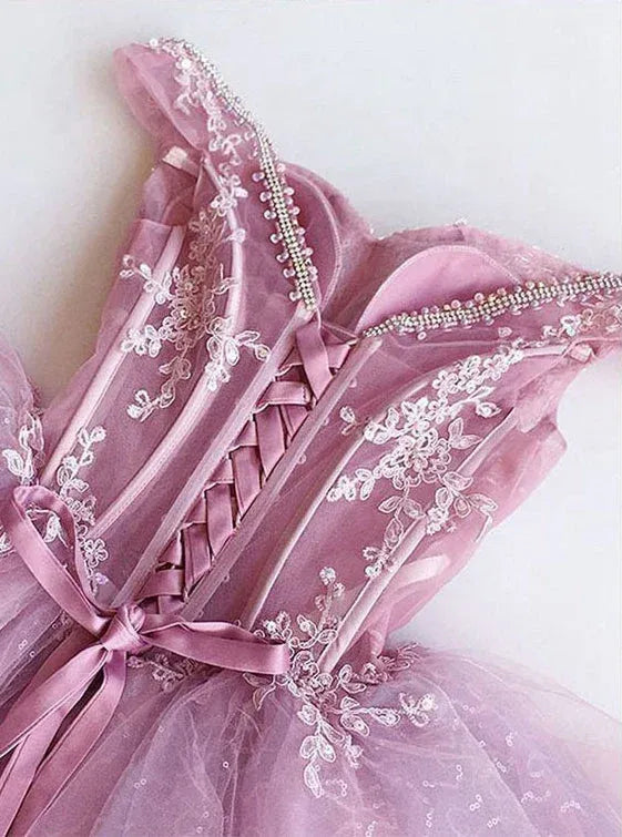 Vintage A-Line Off the Shoulder Sleeveless Tulle Pleated Short-Mini Homecoming Dress