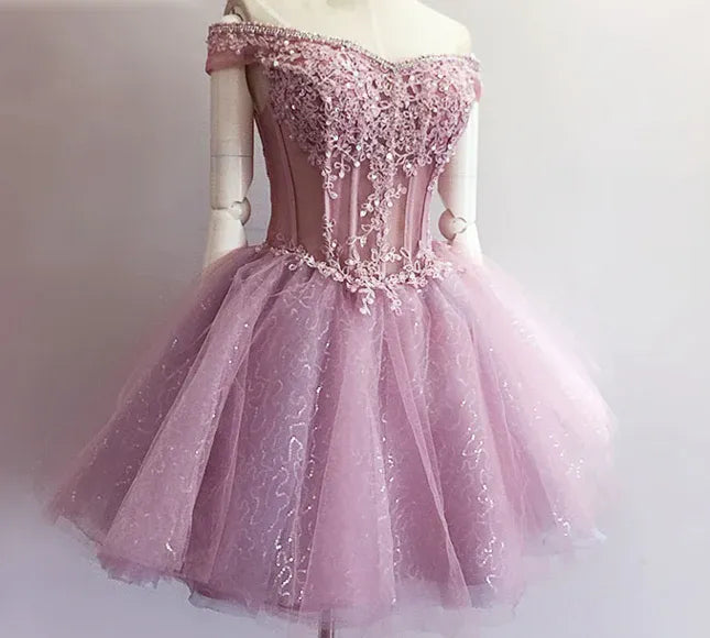 Vintage A-Line Off the Shoulder Sleeveless Tulle Pleated Short-Mini Homecoming Dress