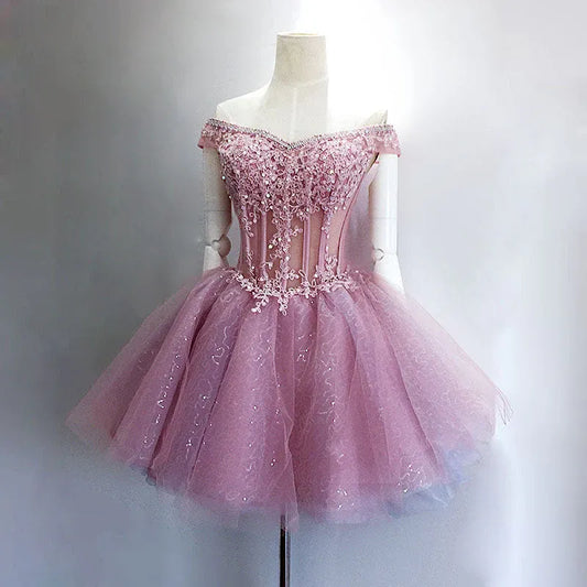 Vintage A-Line Off the Shoulder Sleeveless Tulle Pleated Short-Mini Homecoming Dress