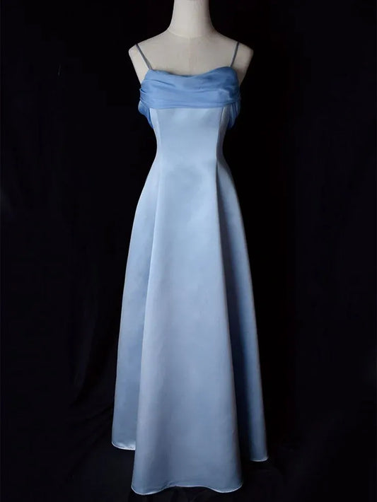 Vintage A-Line Spaghetti Straps Sleeveless Satin Backless Floor-Length Prom Dress