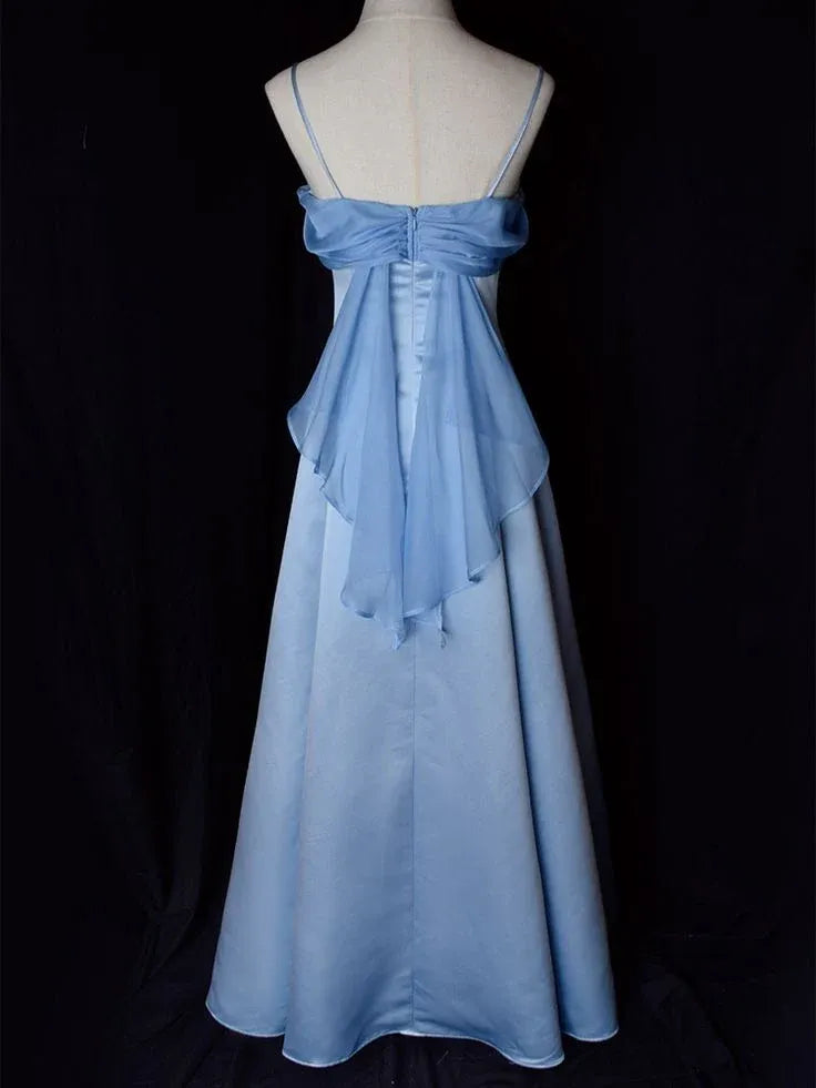 Vintage A-Line Spaghetti Straps Sleeveless Satin Backless Floor-Length Prom Dress